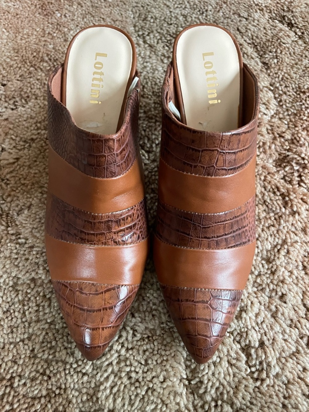 Women's Brown Croc-Accent Slip-On Mules, size 7. True to size.